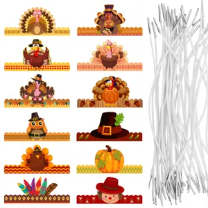 Macro detail of 12 DIY Thanksgiving turkey and pumpkin paper party crown decorations