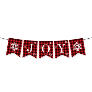 Χριστουγεννιάτικο πανό JOY με κόκκινο και μαύρο καρό σχέδιο και λευκές νιφάδες