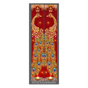 Detail of Diwali door banners with golden peacocks and Ganesha motifs on red polyester