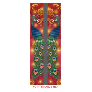 Close-up of Diwali porch banner with peacock and golden flower patterns on red polyester
