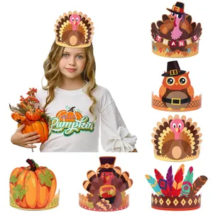 Thanksgiving Party Paper Crown Hats Turkey Pumpkin Owl Cartoon Decorations For Kids Harvest Festive Headband Supplies