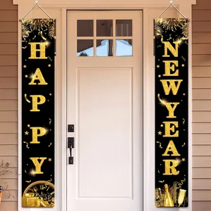 Happy New Year Merry Christmas Porch Banner Decorative Holiday Door Signs 100D Polyester Hanging Banners For Home Party Decor