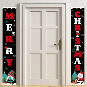 Outdoor 2025 Christmas porch banners with Merry Christmas gnome and Santa patterns