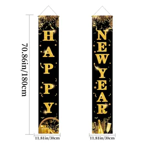 Black and gold Happy New Year porch banners with fireworks and champagne patterns