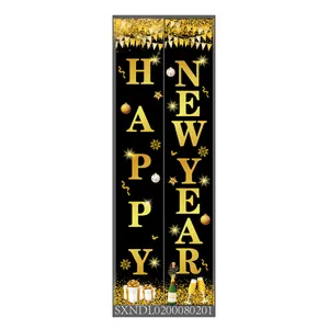 Detailed pattern of black and gold Happy New Year porch banners with festive balloons