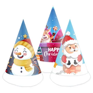 Three festive Christmas paper party hats featuring Santa, Snowman, and Reindeer designs