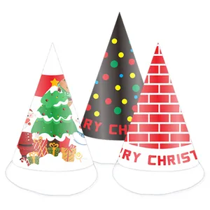 Three-piece set of festive Christmas paper party hats with Santa and elk patterns