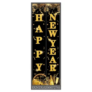 Black and gold Happy New Year porch banners with festive fireworks and clock motifs