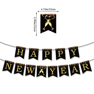 Schwarz-goldenes HAPPY NEW YEAR Banner mit Glitzerbuchstaben und Sektglas-Motiven