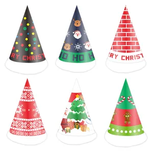 Set of 6 festive Christmas paper hats for kids featuring Santa, reindeer and snowman designs