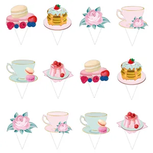 12pcs floral afternoon tea party cake toppers featuring macarons, pancakes and roses