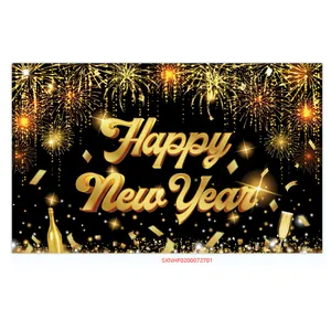 Detail of 2025 Happy New Year banner with gold fireworks and champagne on black background
