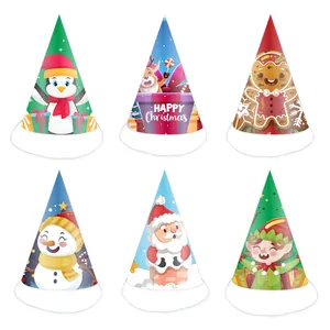 Set of six colorful Christmas paper party hats with 3D cartoon characters and elastic strings