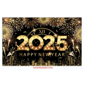 Detail of 2025 New Year banner with gold fireworks and city silhouette on black