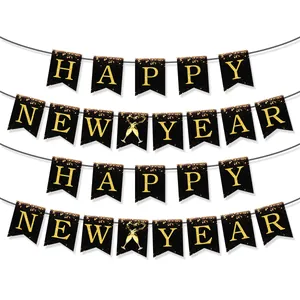 Happy New Year Banner Schwarz Gold Glitzer Papier Girlande Mit Champagnerglas Muster Für Neujahrsfeier Party Dekorationen