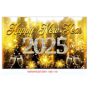 Detailed macro view of 2025 Happy New Year backdrop with golden glitter and fireworks