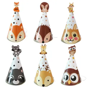 Set of 6 forest animal party hats including fox, hedgehog, and raccoon for kids' birthdays