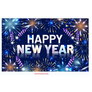 Close-up of Happy New Year banner with vibrant fireworks on dark blue background