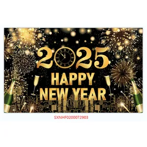 Macro shot of 2025 Happy New Year banner with fireworks and city skyline detail