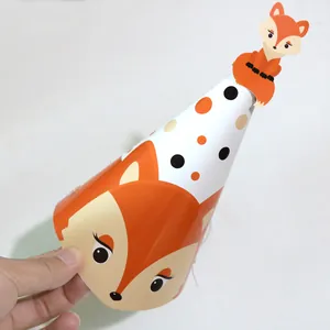 6-pack of jungle animal birthday hats featuring a cute orange cartoon fox design