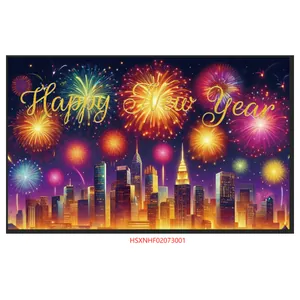 Happy New Year 2025 backdrop banner with fireworks and golden city skyline decorations