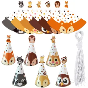 Detail view of 6-piece woodland animal party hats set including fox and deer designs