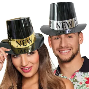 Cappelli a cilindro neri Happy New Year con nastri oro e argento per la festa 2025