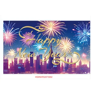 Macro shot of 2025 New Year banner with golden city skyline and festive fireworks
