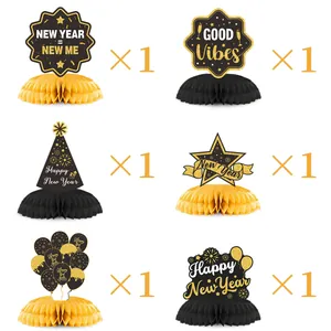 6-piece set of black and gold 2025 Happy New Year honeycomb table centerpieces