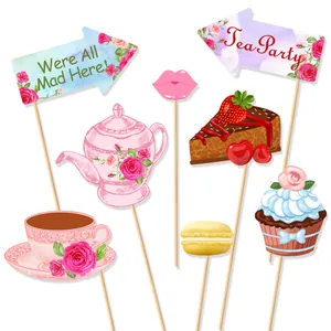 7-teiliges Tee-Party-Foto-Requisiten-Set mit Blumenteekanne, Kuchen und Schildern