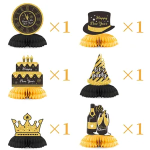 6-piece black and gold Happy New Year honeycomb table centerpieces for 2025 party decor
