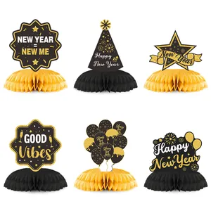 Full set of black and gold 2025 New Year honeycomb centerpieces for party table decoration