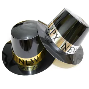 Set di due cappelli a cilindro neri per Capodanno con fasce Happy New Year oro e argento