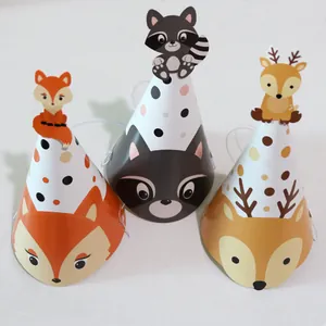 Detailed view of forest animal party hats featuring fox, raccoon, and deer designs