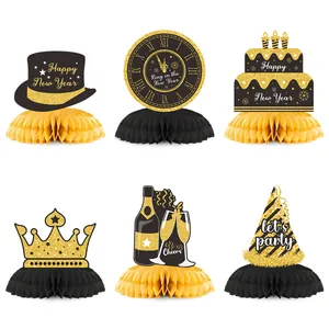 6-piece black and gold Happy New Year honeycomb centerpieces for party table decoration