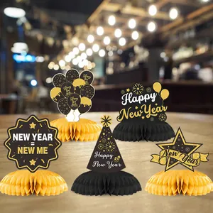 5-piece set of black and gold 2025 New Year honeycomb centerpieces for party tables