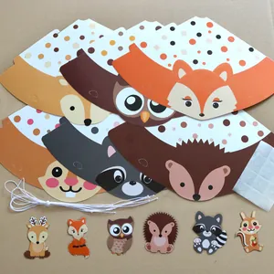 DIY jungle animal party hats set showing fox, owl, raccoon and hedgehog paper components