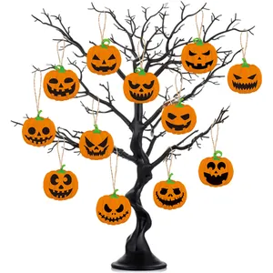 Set of 12 Halloween pumpkin hanging ornaments with rustic jute ropes for outdoor decor