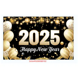 Detailed view of the 2025 Happy New Year party backdrop with gold and black balloon patterns
