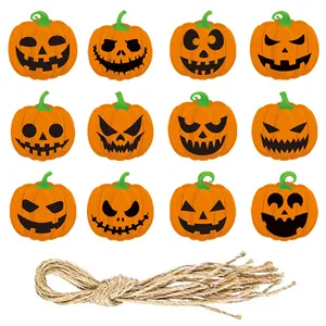 Set of 12 Halloween pumpkin tags with assorted expressions and natural jute twine hanging rope