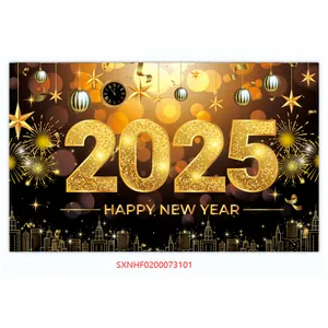Detail showing 2025 Happy New Year banner with gold glitters and city skyline design