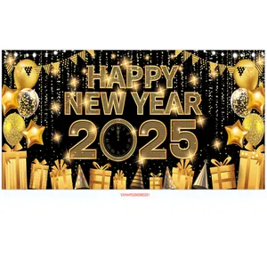 Macro detail of Happy New Year 2025 banner with golden clock and festive party elements