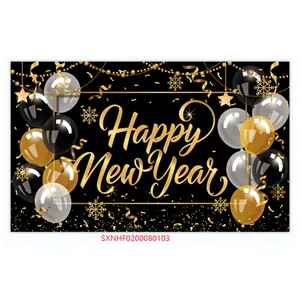 Detailed close-up of Black and Gold Happy New Year banner with glitter and balloons