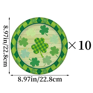 Detail of 8.97 inch St. Patrick's Day paper plates with shamrock patterns and green grid