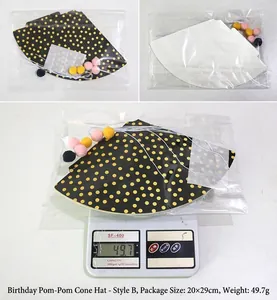 Détail kit chapeau fête DIY à pois dorés emballé avec mesure précise du poids réel