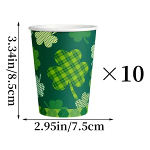 Detailed dimensions of St. Patrick's Day paper cups with green clover patterns 10pk