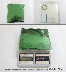 Detailed view of St. Patrick's Day green clover banner set with weight and dimensions