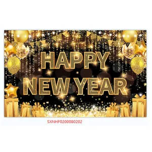 Black and gold Happy New Year banner background with festive balloons and stars