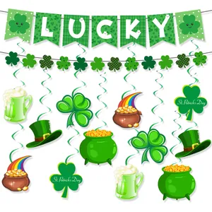 Close-up of St. Patrick's Day decorations with LUCKY banner and clover swirl ornaments