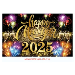 Close-up of 2025 Happy New Year banner with gold fireworks and champagne graphics